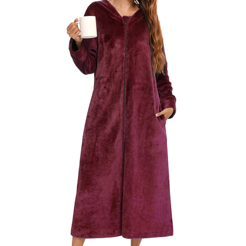 Winter Long Fleece Bathrobes Sleepwear Women's New Solid Color Zipper Bath Robe Dressing Gown Autumn Warm Hooded Home Wear