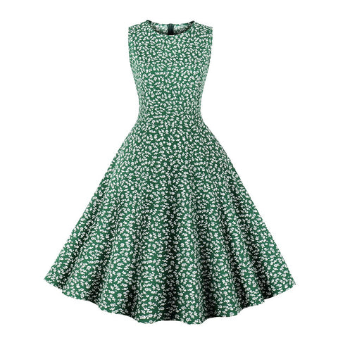 Retro Floral Print Summer Dress For Women Elegant Swing Rockabilly Party Dresses Sleeveless Casual Swing Evening Midi Dress