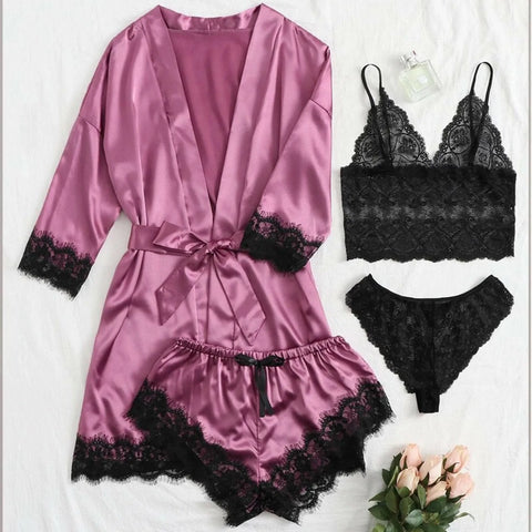 Women' Silk Satin Pajamas Set 4pcs Lingerie Floral Lace Sleepwear With Robe Nightgown Long