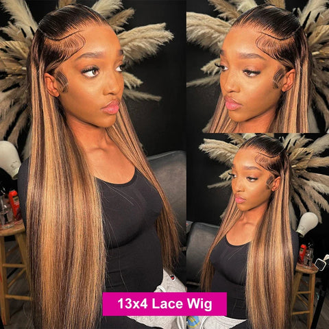34Inch Bone Straight Highlight Lace Front Human Hair Ombre 13x4 Lace Frontal Wigs 13x6 Honey Blonde Colored Wigs For Women