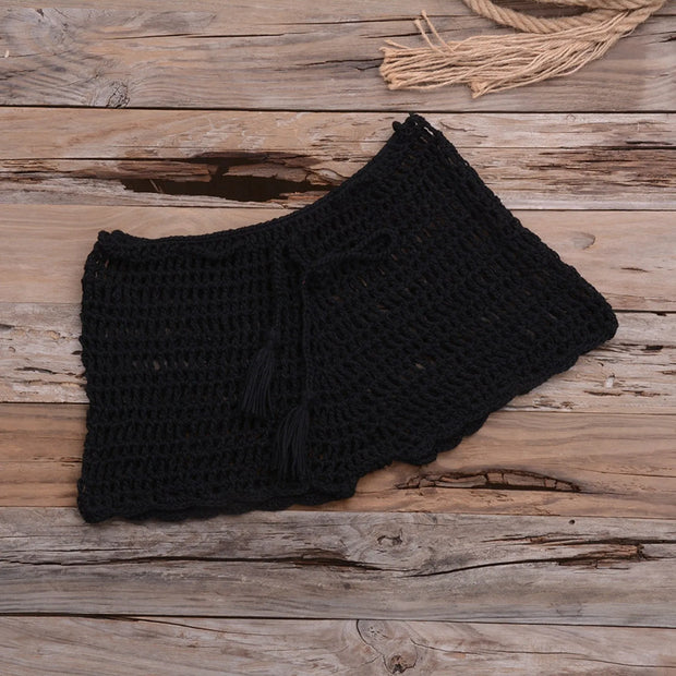 Women's Summer Solid Color Handwoven Crochet Bikini  Shorts Beach Swimming Pants Stretchable Strap Hollow Flat Corner Pants