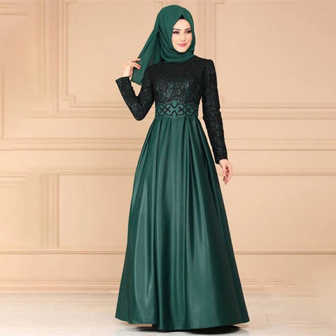 Ethnic Style Muslim Maxi Robe Women Lace Spliced Long Sleeved Elegant Temperamental High Waist Saudi Arabia Muslim Maxi Dress