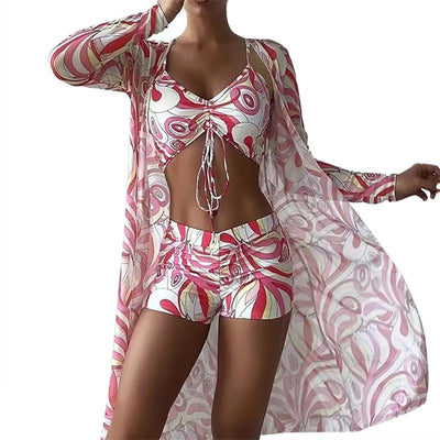 3 Pcs/Set Women Bikini Cover Up Set Contrast Color Long Sleeves Cover Up Spaghetti Strap Swimwear Set Water Activity Clothes