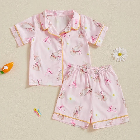 Summer Boy Girl Easter Satin Pajamas Set Bunny Print Short Sleeve Lapel Button Down Tops with Shorts Sleepwear