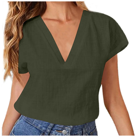 Summer Elegant Blouses For Women 2024 Women'S Summer Solid Color Linen Cotton Loose Half Sleeve Blusas Elegantes Para Mujer 2024