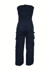 Solid Color Casual Overalls Jumpsuit, Sexy Straight Tube Tube Top Long Jumpsuit, With Pockets, Women's Wear