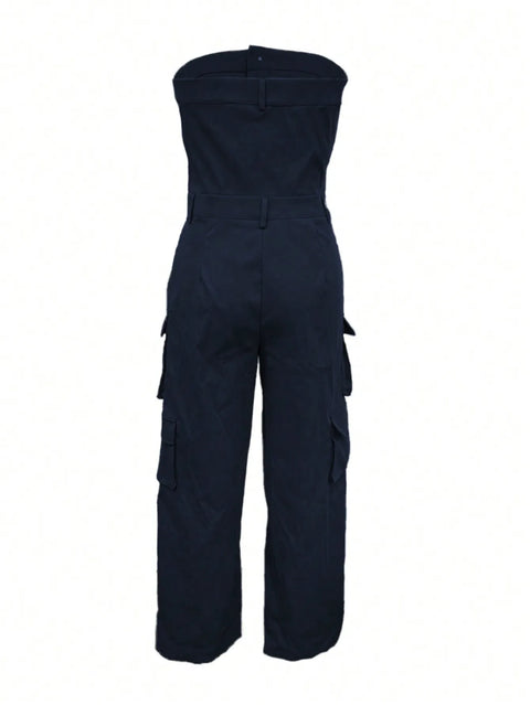 Solid Color Casual Overalls Jumpsuit, Sexy Straight Tube Tube Top Long Jumpsuit, With Pockets, Women's Wear