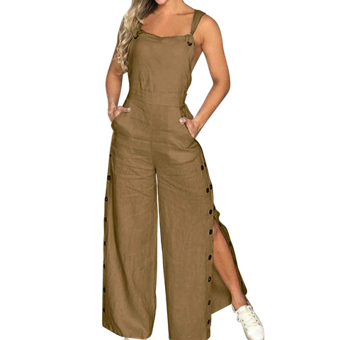 Women's Summer Sleeveless Cotton Linen Playsuits Strappy Side Button Opening Overalls Loose Long Wide Leg Pants Female Jumpsuits