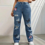 Oversized Womens Jeans Boyfriend Jeans Plus High Waist Wide Leg Jeans Woman Blue Jeans Butterfly Printed Trousers With Holes