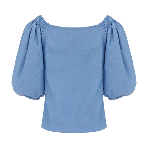 Summer Fashion Office Lady Camisas Blusas Sexy Off Shoulder Bubble Sleeved Denim T-shirt Blouse Beach Party Tops Streetwear