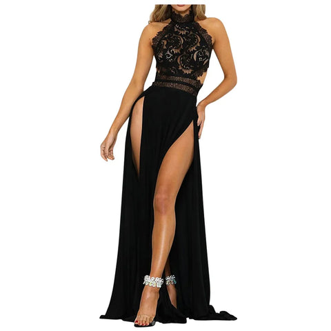 Red Evening Dress Elegant Backless Sleeveless Slit Robe Women Sexy Lace Long Party Dress Neckline Round High Neck Slim Skirt