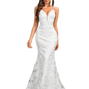 Ladies Dresses Sleeveless Camisole V-neck Sequined Mermaid White Wedding Dress Backless Lace Floor Length Evening Women Gown