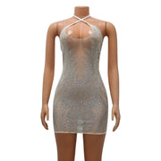 Echoine Spaghetti  Lace Up Halter V-neck Sheer Mesh Diamond Mini Dress Sexy Skinny Party Evening Night Club Dresses Vestidos
