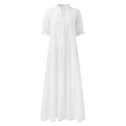 Summer Cotton White Dress For Women Casual Hollow Crochet Bohemian Loose Beach Long Dress Ladies Plus Size Holiday Ruffles Dress