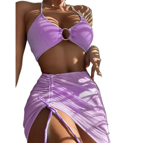 Bikini Women'S Sexy Solid 3 Piece Bathing Suit Seductive Hollow Buckle Biquini With Adjustable Drawstring For Womens купальники