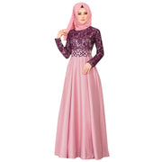 Ethnic Style Muslim Maxi Robe Women Lace Spliced Long Sleeved Elegant Temperamental High Waist Saudi Arabia Muslim Maxi Dress