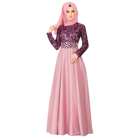 Ethnic Style Muslim Maxi Robe Women Lace Spliced Long Sleeved Elegant Temperamental High Waist Saudi Arabia Muslim Maxi Dress