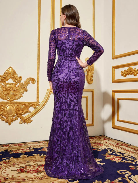 Party Dresses Luxury Women Sequin Dress Purple Round Neck Long Evening Dress Long Sleeved Dress Celebrity Evening Dress Glitter