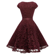 Women's Lace Party Dress Summer Short Sleeve O Neck Swing High Waist Bridesmaid Dress Bow Tie Formal Cocktail Swing A Line Dress