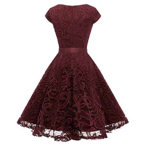 Women's Lace Party Dress Summer Short Sleeve O Neck Swing High Waist Bridesmaid Dress Bow Tie Formal Cocktail Swing A Line Dress