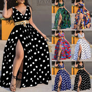 Elastic Waist V Neck Long Dress Sleeveless Print Side Slit Evening Party Dress Ladies Round Dot Printing Casual Sweet dress