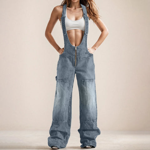 Women'S Workwear Denim Jumpsuit Adjustable Straps Loose Straight Wide Leg Jeans Work Clothes Ladies Fashion Versatile Overalls
