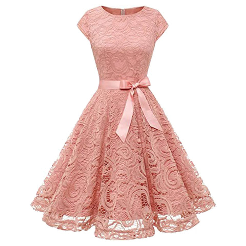 Women's Lace Party Dress Summer Short Sleeve O Neck Swing High Waist Bridesmaid Dress Bow Tie Formal Cocktail Swing A Line Dress