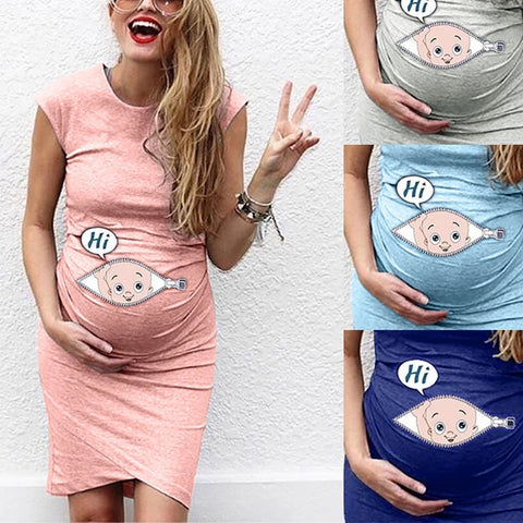 Summer Maternity Cartoon Baby Funny Print Dress, Casual Stretchy Short Sleeve Crew Neck Slim Fit Bodycon Long T-shirts