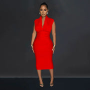 Women Draped Deep V-neck Sleeveless Bodycon Bandage Midi Dress 2023 Fashion Street Vestidos Sexy Party Evening Dresses