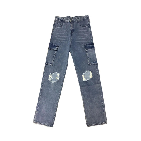 Women'S Jeans New Trendy Fall Wholesale Casual Washed Baggy Pocket Cargo Straight Trousers Jeans Ladies Streetwear Black Denim