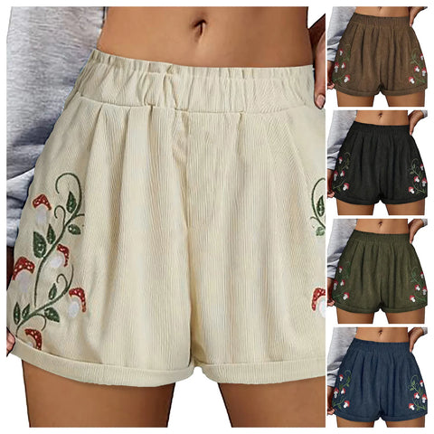 Women'S Embroidery Corduroy Shorts Waist Elastic Waist Straight Leg Casual Shorts Women'S Y2k Summer High Waist Shorts
