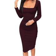 Solid Bridesmaid Cocktail Party Dress Square Neck Long Sleeve Casual Wrap Dress Workwear Office Lady Bodycon Midi Dresses
