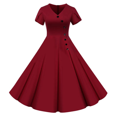 A Line Vintage Bodycon Large Swing Dress Female Solid Button Up Short Sleeve Long Dresses Retro Cocktail Dresses Evening Party