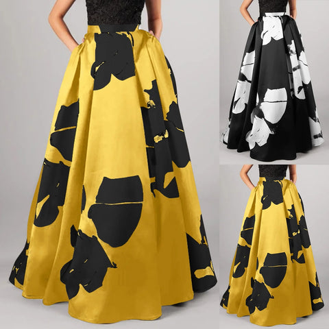Bohemian Floral Print Maxi Skirt For Women High Waist Party Long Skirt With Pocket Summer Casual Loose Swing Skirts 2024 Faldas