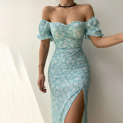 One Line Collar Holiday Dress Wrap Buttocks Slim Waist Dresses With Slit Temperament Chiffon Floral Dresses For Women Plus Size