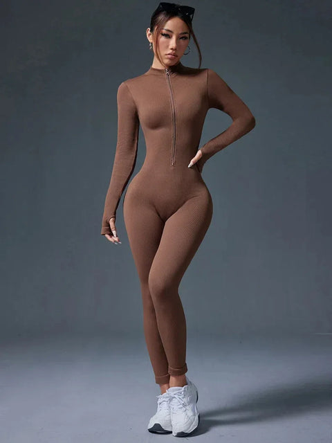 Half Zip Jumpsuit Women Gym Bodysuit Long Sleeve Activewear Set Running Workout Romper Fitness Overalls Sportswear Yoga Clothes