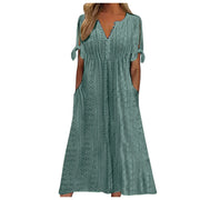 Dresses for Elegant Ladies White Party Dresses Hollow Out Bow Short Sleeve Lace Waist Pocket Wedding Mother Dress Vestidos Mujer