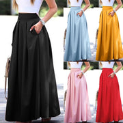 Spring Summer Office Lady Pleated Skirt Women High Waist A Line Floor Length Skirt Faldas With Pockets Solid Baggy Maxi Skirt