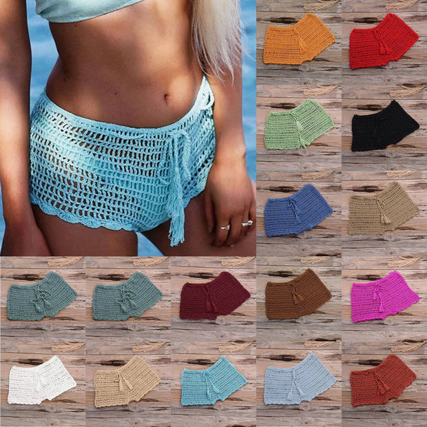 Women's Summer Solid Color Handwoven Crochet Bikini  Shorts Beach Swimming Pants Stretchable Strap Hollow Flat Corner Pants