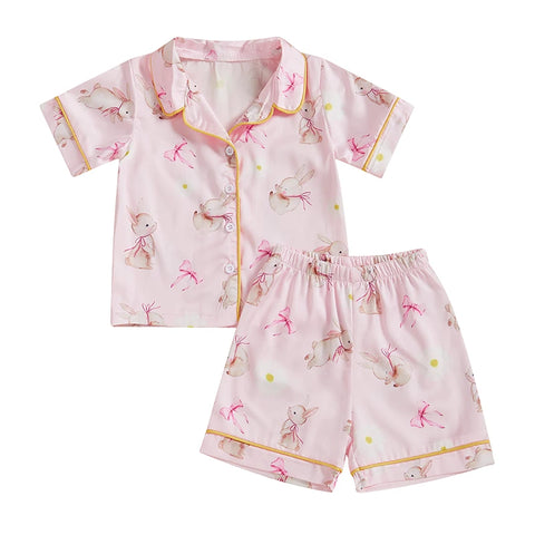 Summer Boy Girl Easter Satin Pajamas Set Bunny Print Short Sleeve Lapel Button Down Tops with Shorts Sleepwear