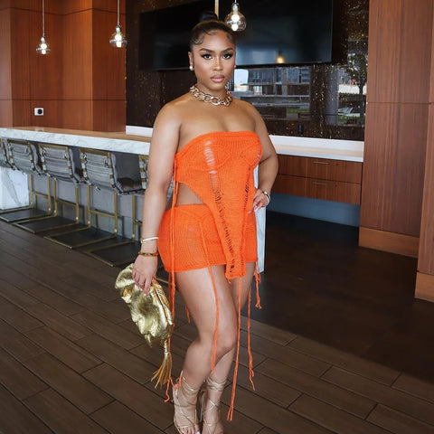 Echoine Irregular RibbonStrapless Crop Top and Mini Skirt Summer Knit Hollow Out See Through Matching Set  Two Piece Set Outfits