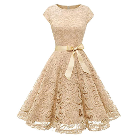 Women's Lace Party Dress Summer Short Sleeve O Neck Swing High Waist Bridesmaid Dress Bow Tie Formal Cocktail Swing A Line Dress