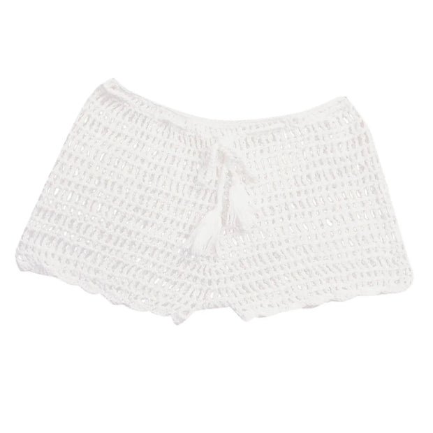 Women's Summer Solid Color Handwoven Crochet Bikini  Shorts Beach Swimming Pants Stretchable Strap Hollow Flat Corner Pants
