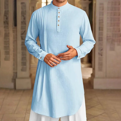 Men'S Buttoned Cotton Linen Shirt Muslim Robe Kurtas For Men Muslim Shirt Stand Collar Long Sleeve Islamic Arab Kaftan Punjabi