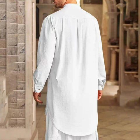 Men'S Buttoned Cotton Linen Shirt Muslim Robe Kurtas For Men Muslim Shirt Stand Collar Long Sleeve Islamic Arab Kaftan Punjabi