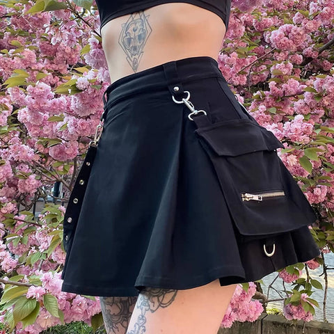 Women Gothic Skirt High Waist Punk Streetwear Streamer A-Line Skirt Nightclub Sexy Irregular Belted Black Faldas Pleated Skirt