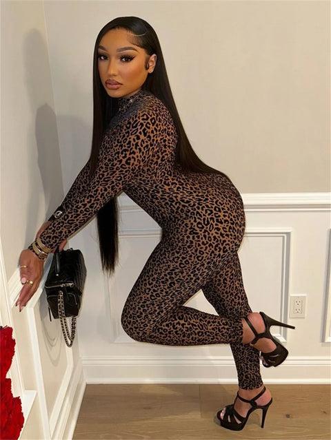 Active Leopard Print O-neck Bodycon Jumpsuit Women 2025 Spring Sexy Night Club Party One Piece Overall Rompers Outfits