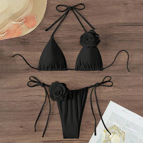 Halter 3D Rose Flower Decor Brazilian Bikini Women Sexy Low Waist Lace Up Split Two Pieces Swimwear Female Bathing Suits Swim