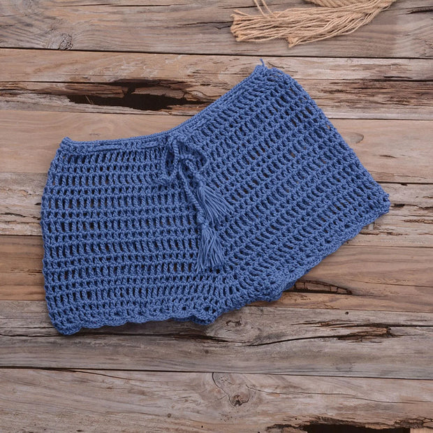 Women's Summer Solid Color Handwoven Crochet Bikini  Shorts Beach Swimming Pants Stretchable Strap Hollow Flat Corner Pants