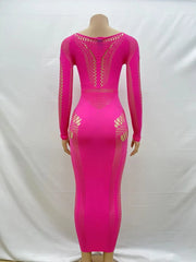 Women Full Sleeve Long Dress Mesh Hollow Out 2024 Fall O-neck Evening Vestidos Sexy Party Club Maxi Dresses Vestidos